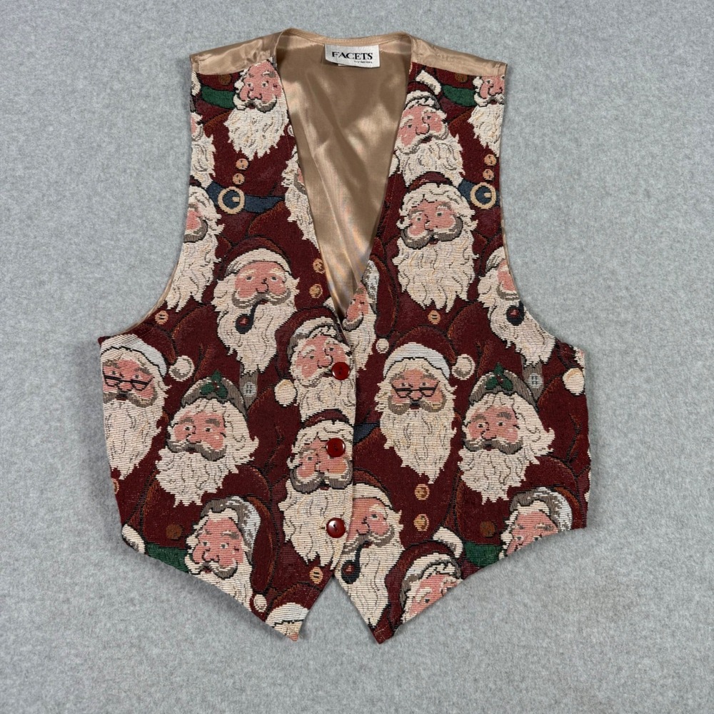 Vintage 90s Facets by Mirrors Vintage Christmas Santa Tapestry Vest Medium USA
